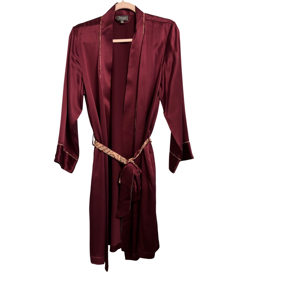 Julianna Rae Silk Robe Womens XS Burgundy Floral Paisley Trim‎ & Reversible Belt